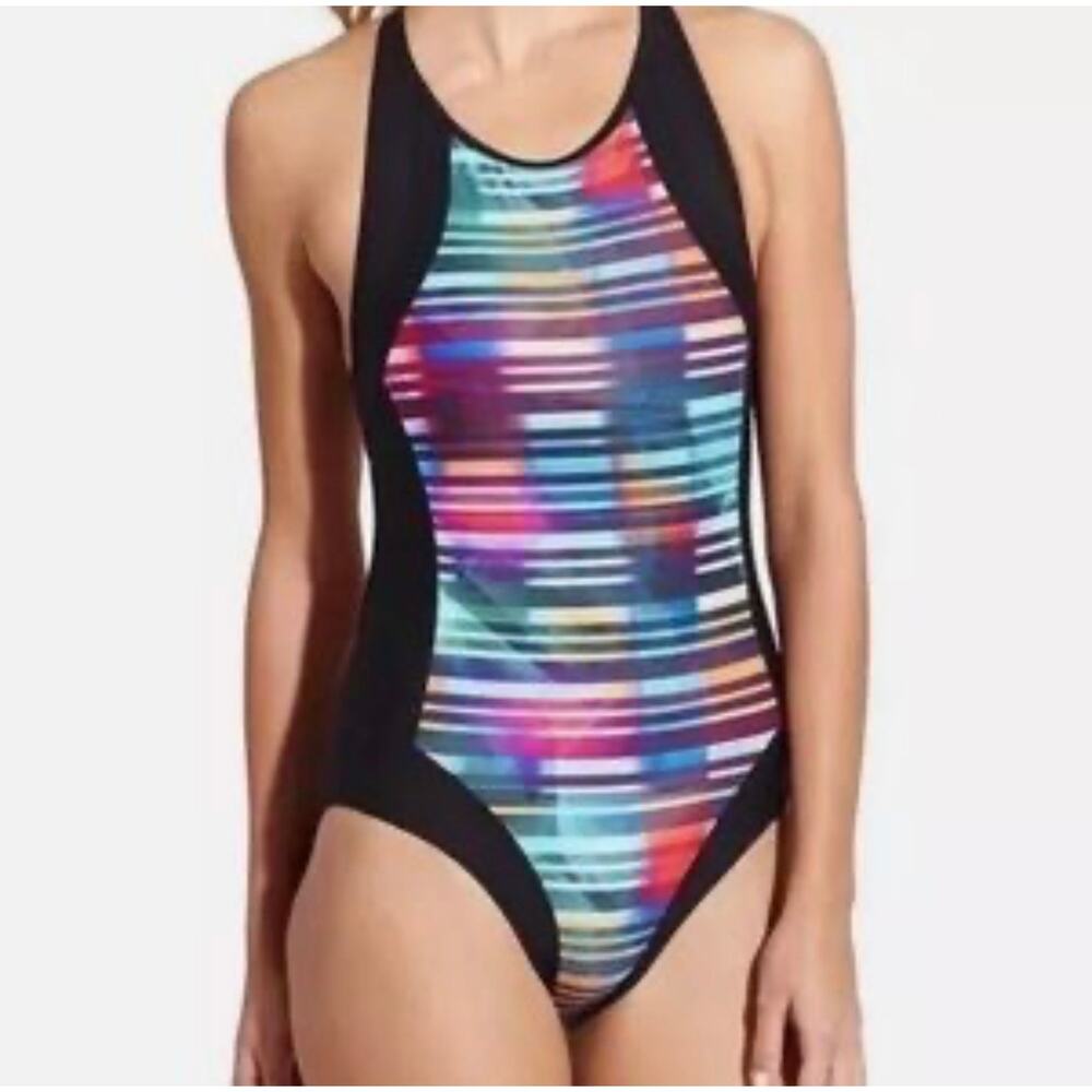 Athleta rainbow laser stripes black one piece swimsuit